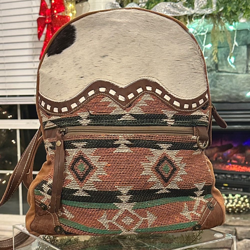 Myra Bag Tan and Cream Patterned Backpack